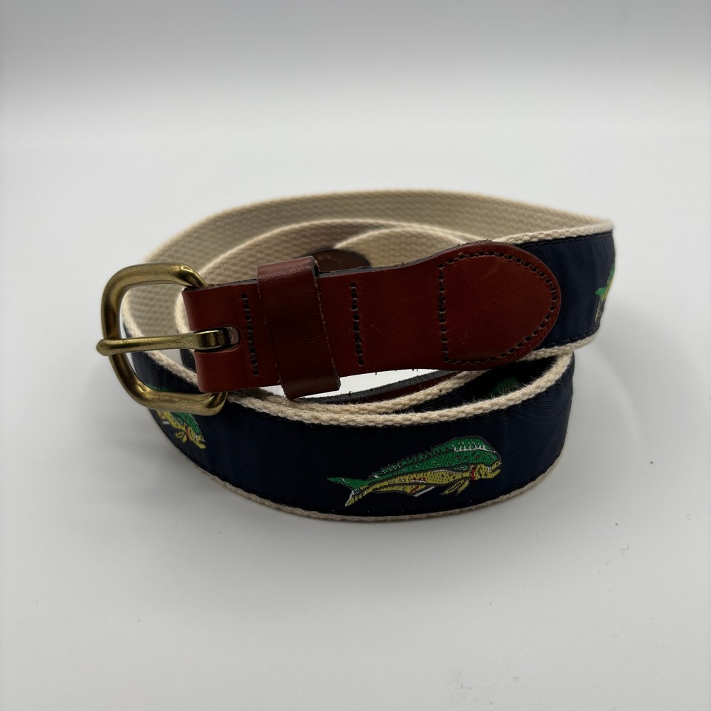 Leather Man Ltd. Canvas Belt Mens‎ 42 Mahi Dorado Fish Embroidery Brass Buckle